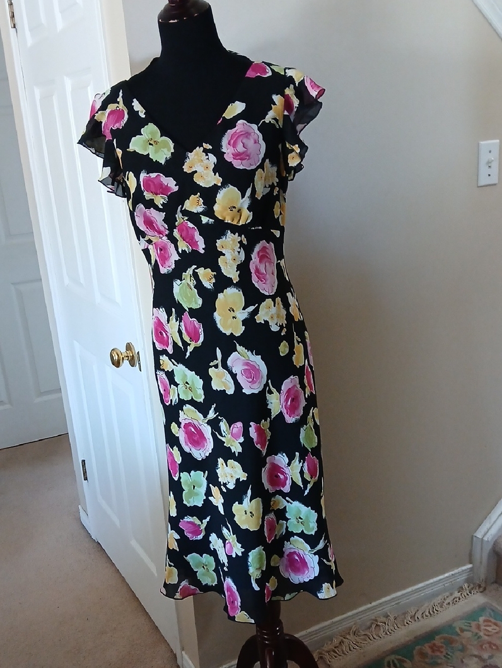 ❤️3@$25 Floral Midi Dress in Black with Pink & Yellow Blooms